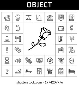 object icon set. line icon style. object related icons such as bed, usb, volley, book, toothbrush, pencil case, turntiles, tulips, hourglass, shopping cart, bar chart, champagne
