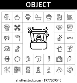 object icon set. line icon style. object related icons such as antenna, gift, washing machine, megaphone, smartphone, ring, piggy bank, vase, satellite dish, asteroid, bathtub