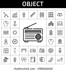 object icon set. line icon style. object related icons such as book, bar graph, satellite dish, sun, radio, atoms, tooth paste, ice cream, vampire, stroller, shorts, high heels