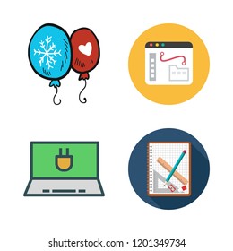 object icon set. vector set about laptop, balloons, eraser icon and notebook icons set.