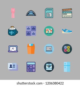 object icon set. vector set about laptop, memory card, chocolate and drawers icons set.