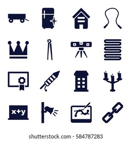 object icons set. Set of 16 object filled icons such as barrow, building, Crown, towels, clean fridge, pliers, level ruler, megaphone, fireworks, candlestick, diploma