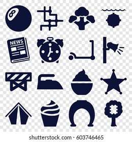 Object icons set. set of 16 object filled icons such as barrier, kick scooter, cream, iron, milkshake, broccoli, megaphone, news, sheriff, alarm, water military, CPU in tree