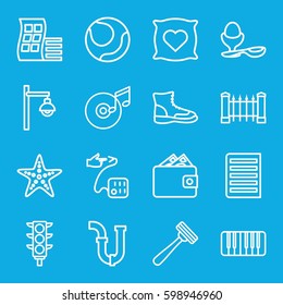 object icons set. Set of 16 object outline icons such as modern curved building, fence, pillow with heart on it, razor, pipe, boiled egg, traffic light, blood pressure, piano