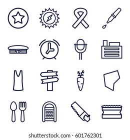 object icons set. Set of 16 object outline icons such as spoon and fork, airport, sponge, singlet, saw, pipette, microphone, ribbon, land territory, building, alarm, rank