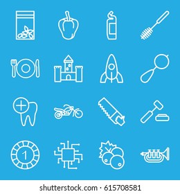 Object icons set. set of 16 object outline icons such as plate fork and spoon, currant, pepper, beanbag, rocket, 1 casino chip, toilet brush, cleanser, saw, seed bag