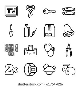 Object icons set. set of 16 object outline icons such as sausage, castle, Casino bet, tie, key, saw blade, pliers, trowel, harden hose, stethoscope, cargo container, TV