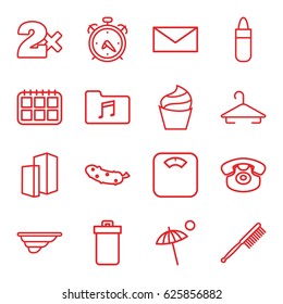 Object icons set. set of 16 object outline icons such as alarm, trash bin, hanger, lipstick, cream, Casino bet, toothbrush, mail, cucumber, fence, desk phone, music folder