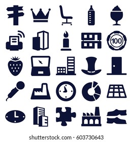 Object icons set. set of 25 object filled icons such as building, baby bottle, candle, 100 casino chip, slippers, pie chart, puzzle, milkshake, office chair, laptop, hat