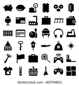 Object icons set. set of 36 object filled icons such as sack, lugagge weight, razor, cloth pin, dirty laundry, tie, winter hat, puzzle, milkshake, lollipop, gardening knife