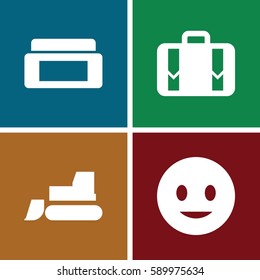 object icons set. Set of 4 object filled icons such as cream box, tractor, smiling emoji