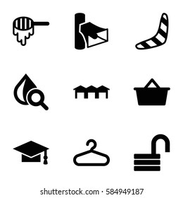 object icons set. Set of 9 object filled icons such as honey, boomerang, hanger, graduation cap, opened lock, drop under magnifier, volume, garage