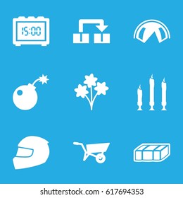 Object icons set. set of 9 object filled icons such as garden bench, wheel barrow, candle, helmet, digital clock, bomb, object move, tent