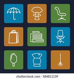 object icons set. Set of 9 object outline icons such as brush, office chair, shopping bag, rake, ice cream, sun, umbrella