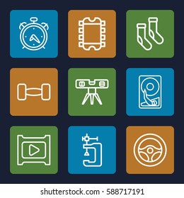 object icons set. Set of 9 object outline icons such as alarm, socks, vice clamp, level ruler, play, hard disc, barbell, steering wheel