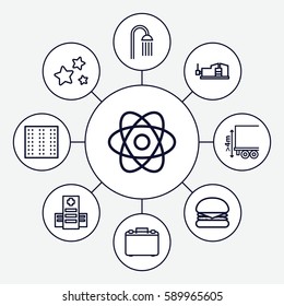 object icons set. Set of 9 object outline icons such as field, shower, vice clamp, hospital, cargo height, star, case, burger