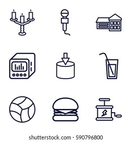 object icons set. Set of 9 object outline icons such as microphone, loud speaker with equalizer, candlestick, cocktail, beach ball, dynamite, school, burger
