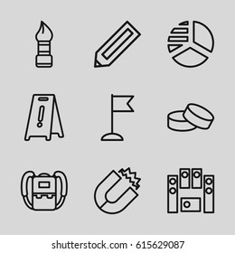 Object icons set. set of 9 object outline icons such as pencil, backpack, brush, tablet, wet floor, pie chart, flag, loud speaker set