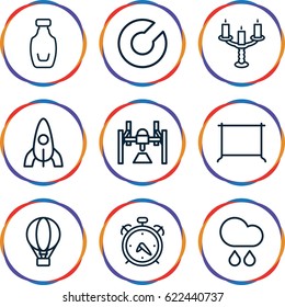Object icons set. set of 9 object outline icons such as alarm, rocket, hanger, bottle, candlestick, rain, air balloon, box