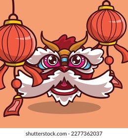 object illustration of a face from a lion dance with two lanterns 