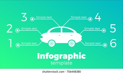 Object Infographic template with a six paragraphs on the green-blue background.