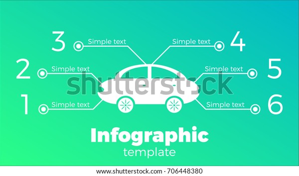 Object Infographic template with a six\
paragraphs on the green-blue\
background.