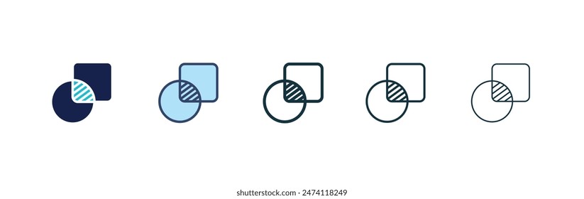 Object intersect icon set. common area vector symbol. joint area sign in black filled and outlined style.