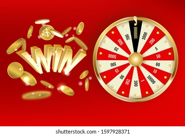 The object of the lottery Wheel of Fortune. Playing spin the jackpot with shadow. Win text with gold coins.