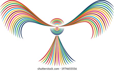 An object made up of lines of 17 symbol colors. The set of lines is in the shape of a flapping bird. Created with vector data.