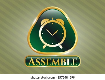 [object O Shiny badge with alarm clock icon and Assemble text insidebject]