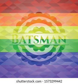 [object OBatsman emblem on mosaic background with the colors of the LGBT flagbject]