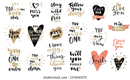 [object Object]Set of Love vintage hand drawn retro style quotes in black, pink and gold colors on white background. For postcards, photo overlays, greeting cards, T-shirts, bags. Vector EPS10 calligr