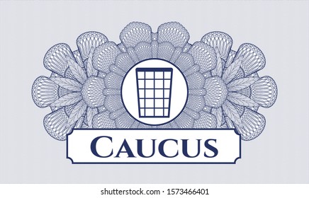 [object OBlue passport style rosette with wastepaper basket icon and Caucus text insidebject]