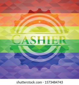 [object OCashier emblem on mosaic background with the colors of the LGBT flagbject]