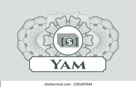 [object OGreen passport money rosette with money icon and Yam text insidebject]
