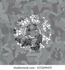 [object Ohappy face icon on grey camouflage texturebject]