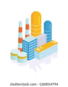 Object of oil industry. Building of oil producing plant, storage, transportation, distribution of production, resources in tank. Exterior of oil factory buildings. Isometric vector.