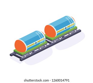Object of oil industry. Cargo trailers, tanks with liquid, oil, mineral resources. Storage in the car, transportation, freight transport. Railway wagon, locomotive, train cistern Isometric vector