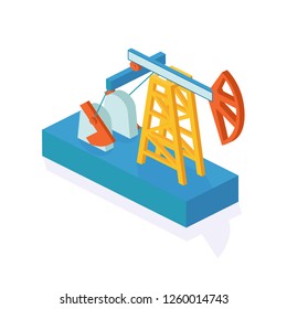 Object of oil industry, drilling rig. Oil crane for production, with jack pump and lift, for storage of resources in tanks, petroleum platform. Isometric vector.