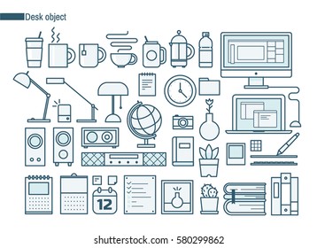 Object on desk line icons vector illustration flat design