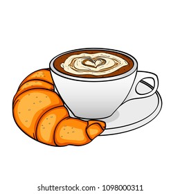 Object on white background, breakfast, coffee with cream and croissant. Vector illustration