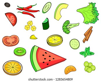 Object on white background. A lot of food, components of food, recipe. Vector illustration