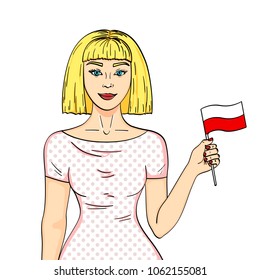 Object on white background Happy young girl holding Polish flag looking at camera. Comic book style imitation vector.