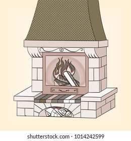 Object on white background vector illustration. Shades of gray. A brick fireplace burns a tree. Works and heats. The background is red.