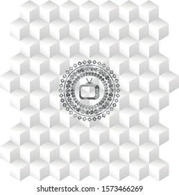 [object Oold tv, television icon inside realistic grey emblem with geometric cube white backgroundbject]