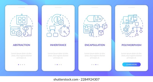 Object oriented programming basic rules blue gradient onboarding mobile app screen. Walkthrough 4 steps instruction with linear concepts. UI, UX, GUI template. Myriad Pro-Bold, Regular fonts used