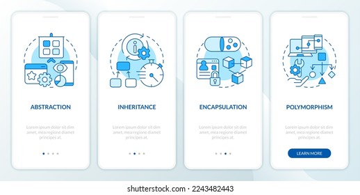 Columnas de programación orientada a objetos pantalla azul de aplicación móvil. Recorrido 4 pasos instrucciones gráficas editables con conceptos lineales. UI, UX, plantilla GUI. Multitud de tipos de letra Pro-Bold, con uso regular