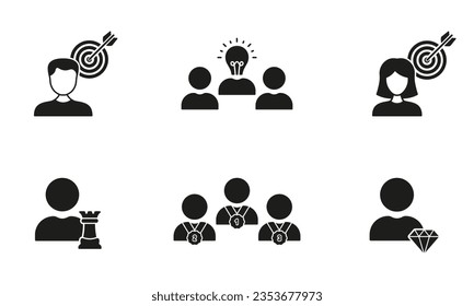 Object Oriented and Strategic People Silhouette Icons Set. Business Target Glyph Pictogram Collection. Leadership Solid Sign. Efficiency Teamwork Brainstorm Symbol. Isolated Vector Illustration.