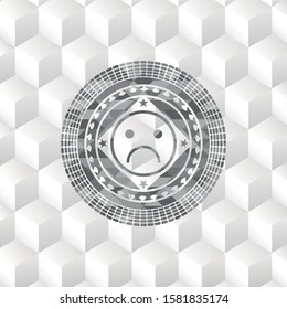 [object Osad face icon inside realistic grey emblem with geometric cube white backgroundbject]