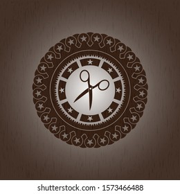 [object Oscissors icon inside retro style wood emblembject]